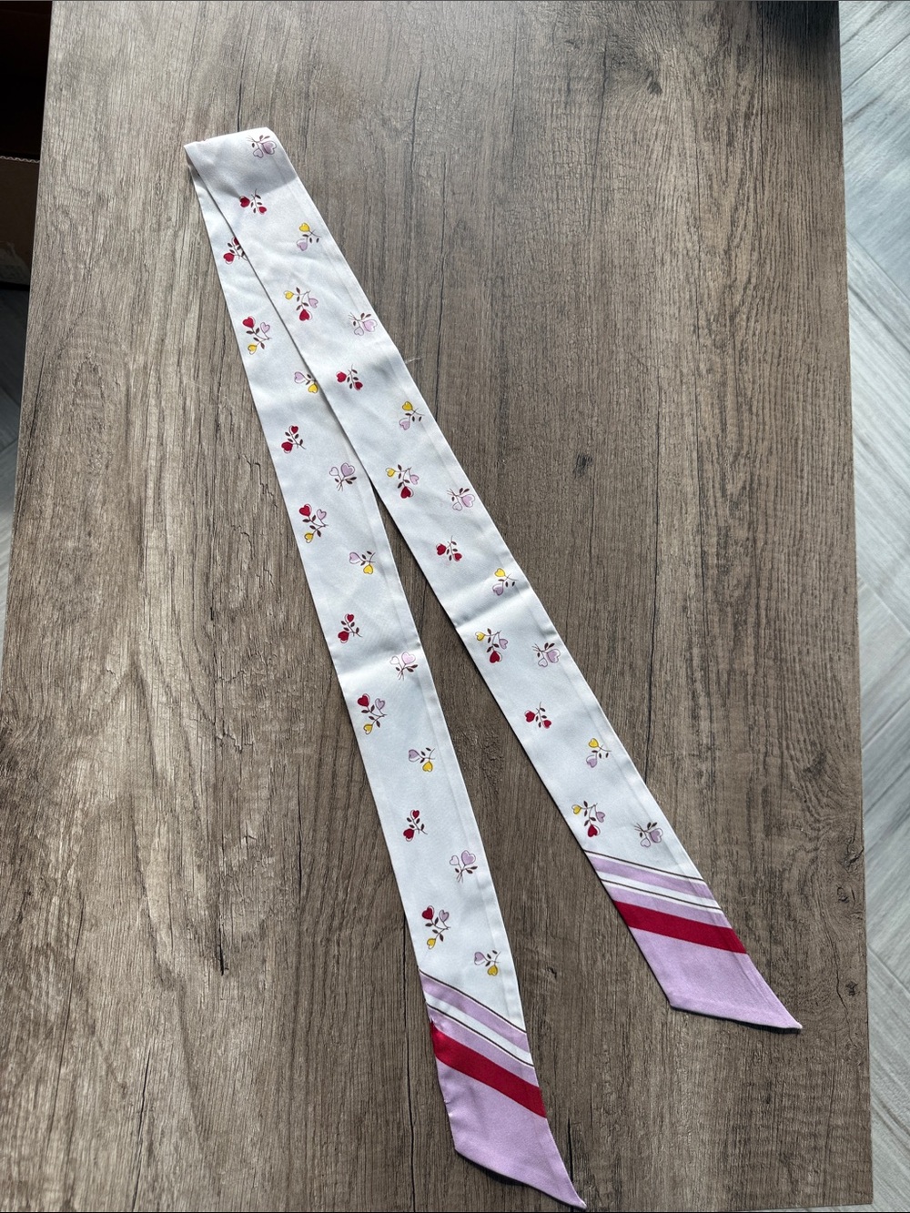Coach White Skinny Floral Hair Scarf with Pink and Red Tip Stripes